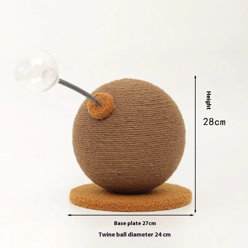 A hemp rope cat scratching board, shown with a choice of cat grasping ball or tumbler accessory.
