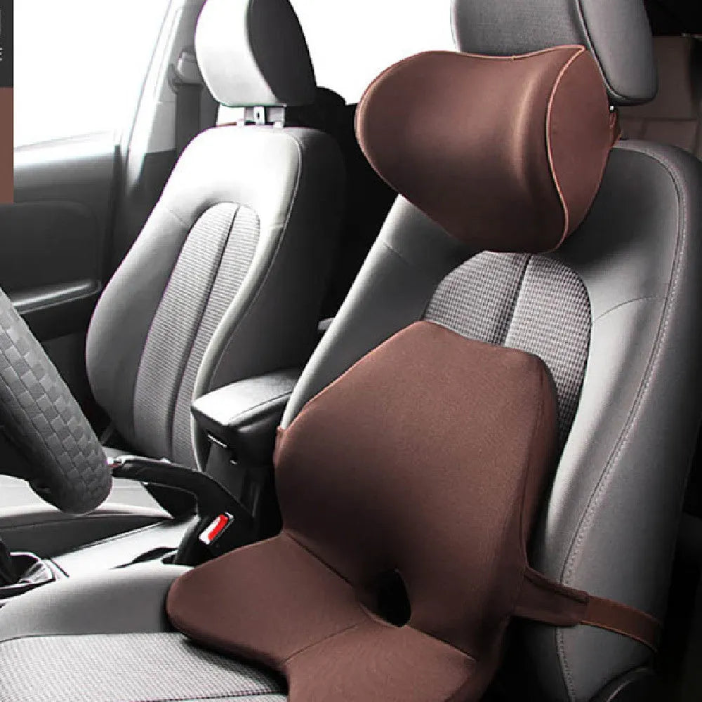 Memory foam car waist support cushion in beige colour, shown alongside optional matching headrest.