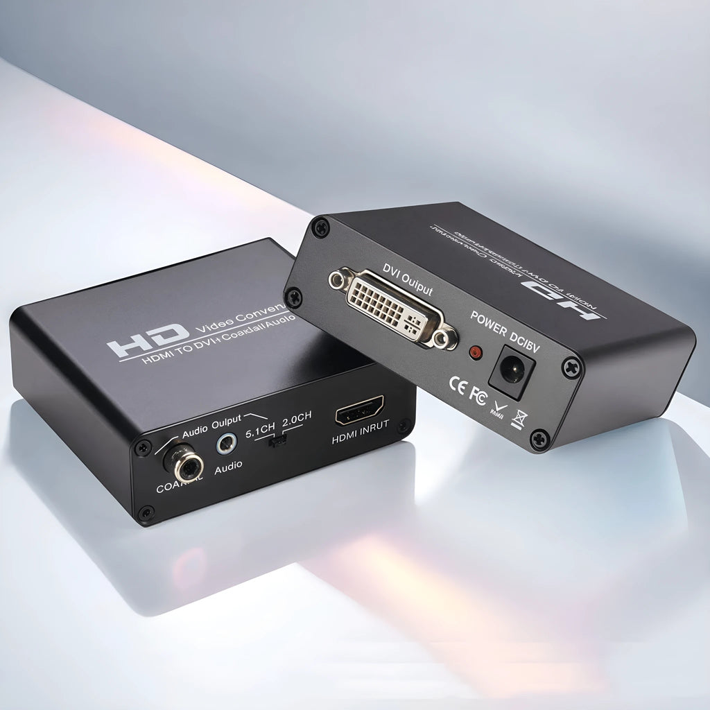 Black HDMI to DVI converter with coaxial audio output and 1.5 metre cable for 1080p monitor connection