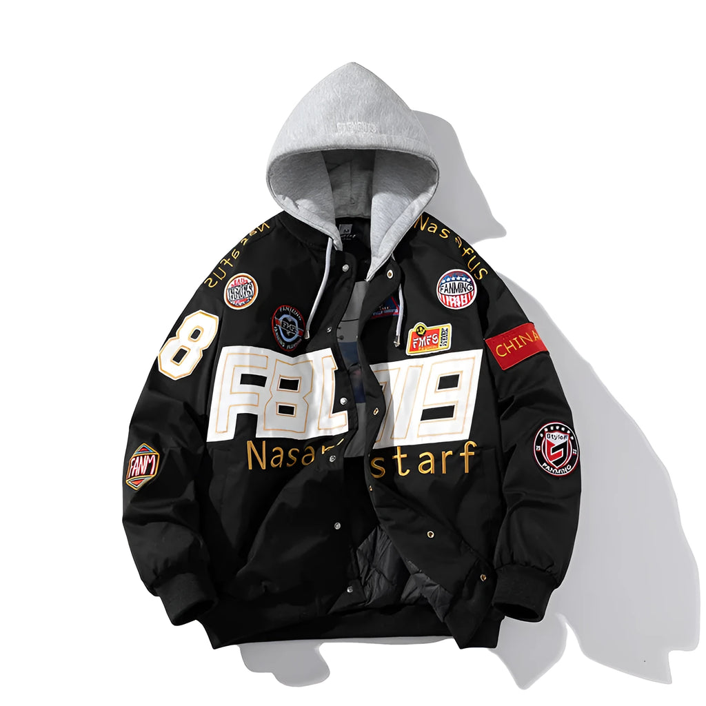 American style motorcycle baseball uniform jacket in black with removable hood and side pockets