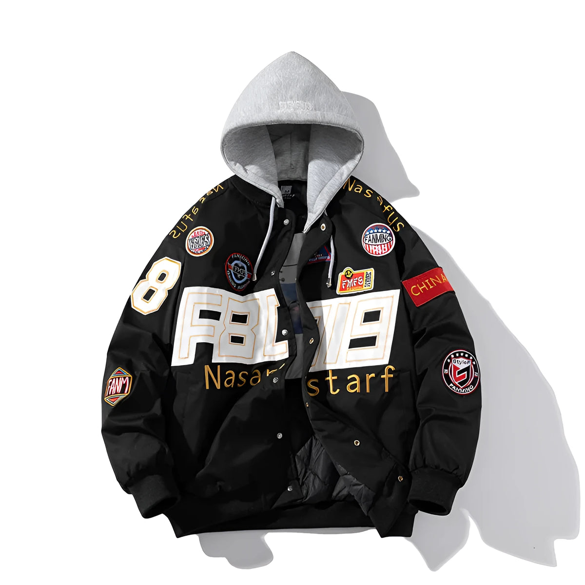 American style motorcycle baseball uniform jacket in black with removable hood and side pockets