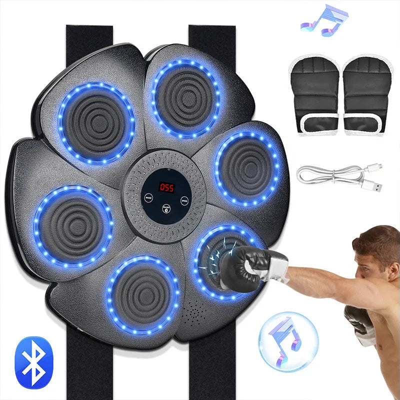 Black smart boxing machine wall target with LED lights and half finger boxing gloves for indoor training