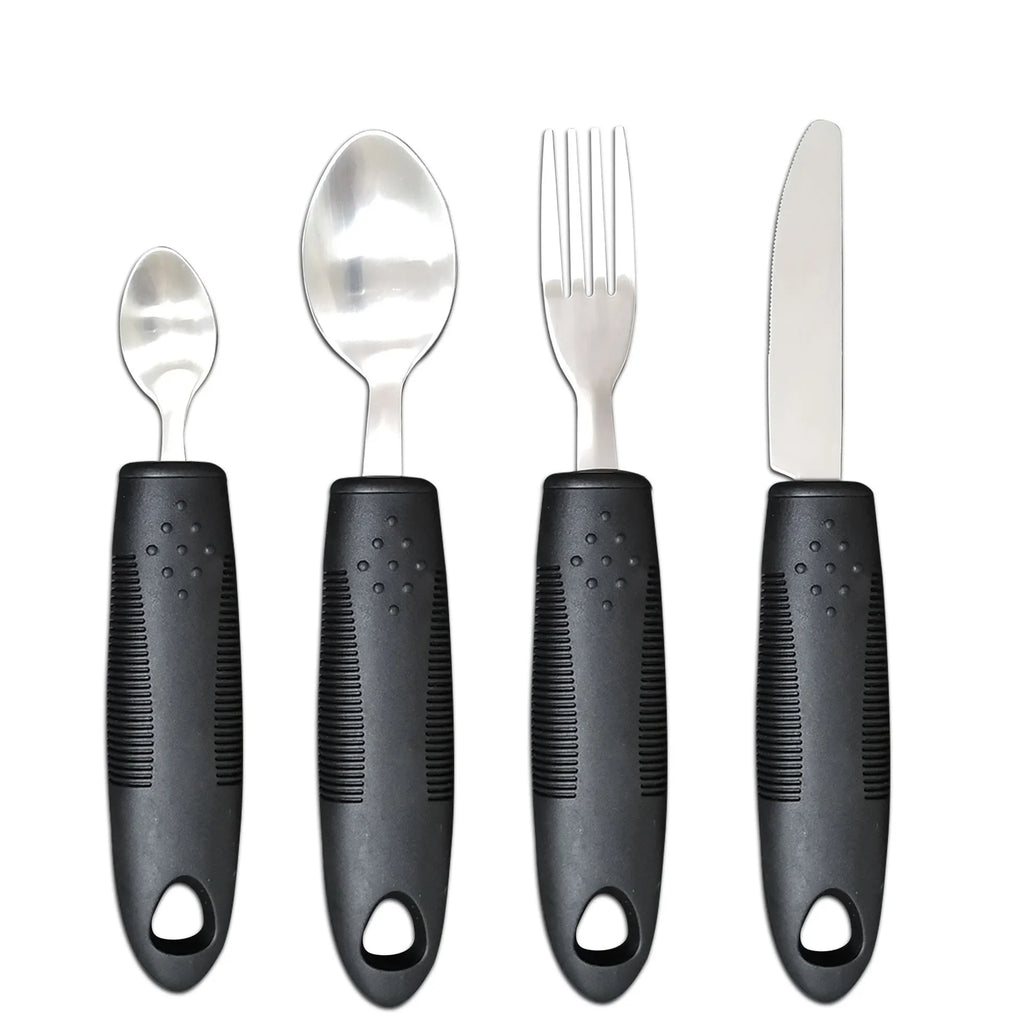 Stainless steel adaptive cutlery with rubber handles in anti-shake design for elderly food aid