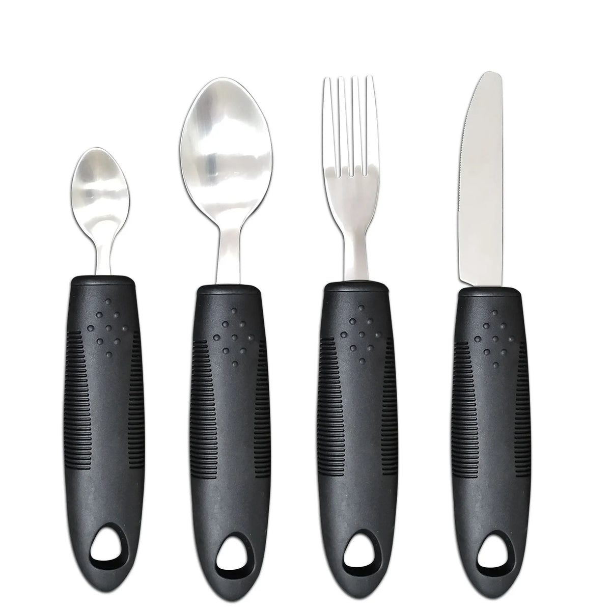 Stainless steel adaptive cutlery with rubber handles in anti-shake design for elderly food aid
