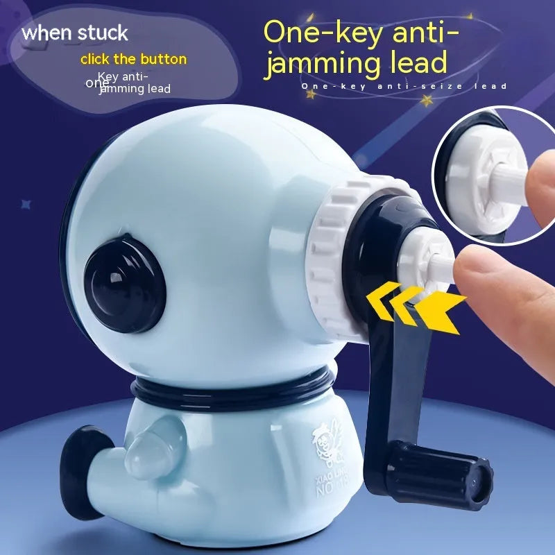 Cartoon astronaut manual pencil sharpener in blue or pink with adjustable blades