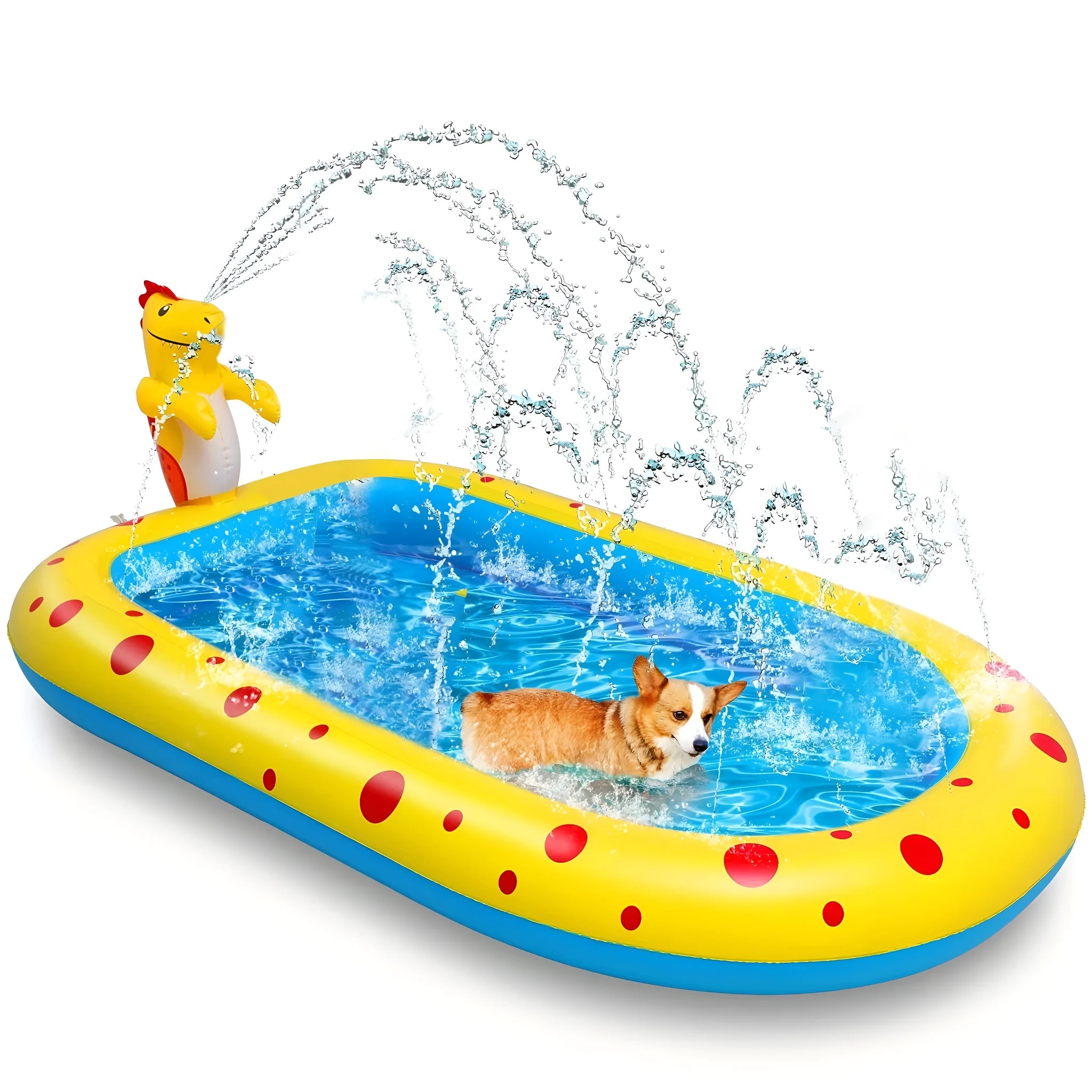 Blue dinosaur inflatable water spray pool with splash mat and toy shark for garden play