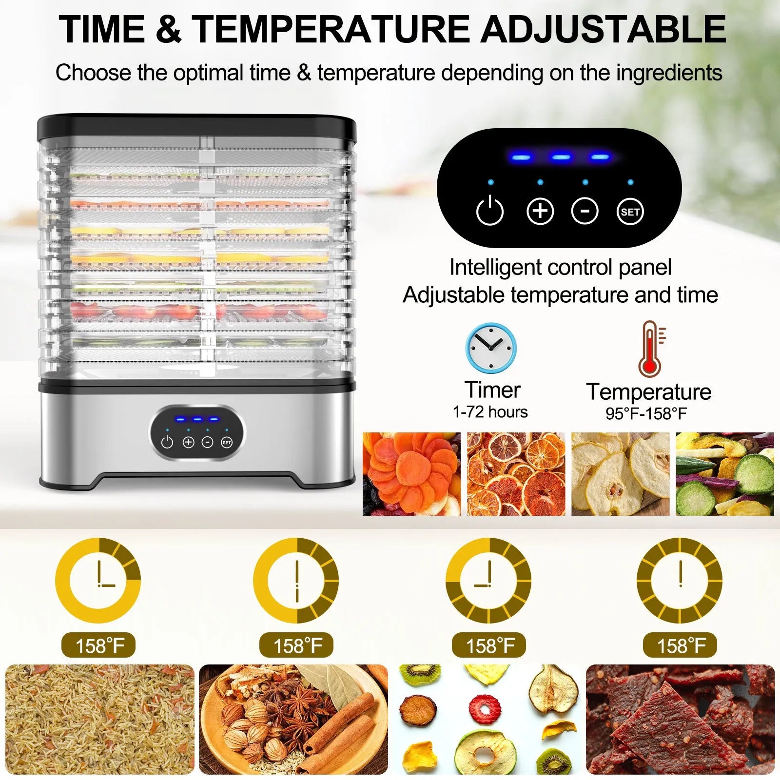 Silver or red 8-layer food dehydrator with 400W power and adjustable temperature control