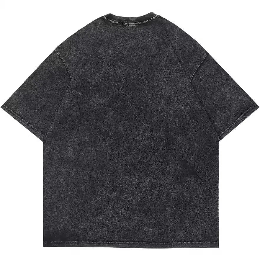 Men's black loose fit cotton t-shirt with cartoon digital print and short sleeves