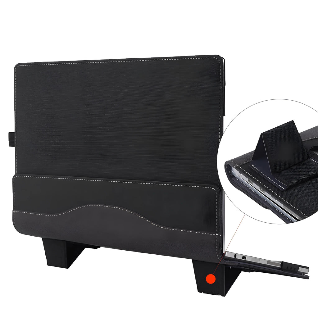 Black imitation leather laptop sleeve for Microsoft Surface Laptop 6 with Chinese style fabric craft detailing