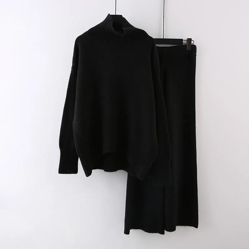 Women's casual two-piece set with long-sleeve sweater and wide-leg trousers in solid colour