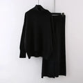 Women's casual two-piece set with long-sleeve sweater and wide-leg trousers in solid colour