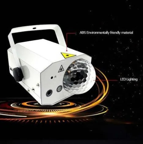 Black and white LED laser magic fan stage light with remote control on a stand.