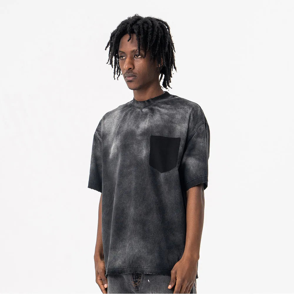 Men's black loose fit cotton t-shirt with drop shoulder sleeves and letter pattern printing