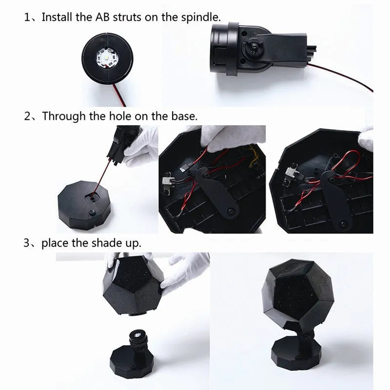 LED starry sky night light projector showing constellation projection on a bedroom ceiling.