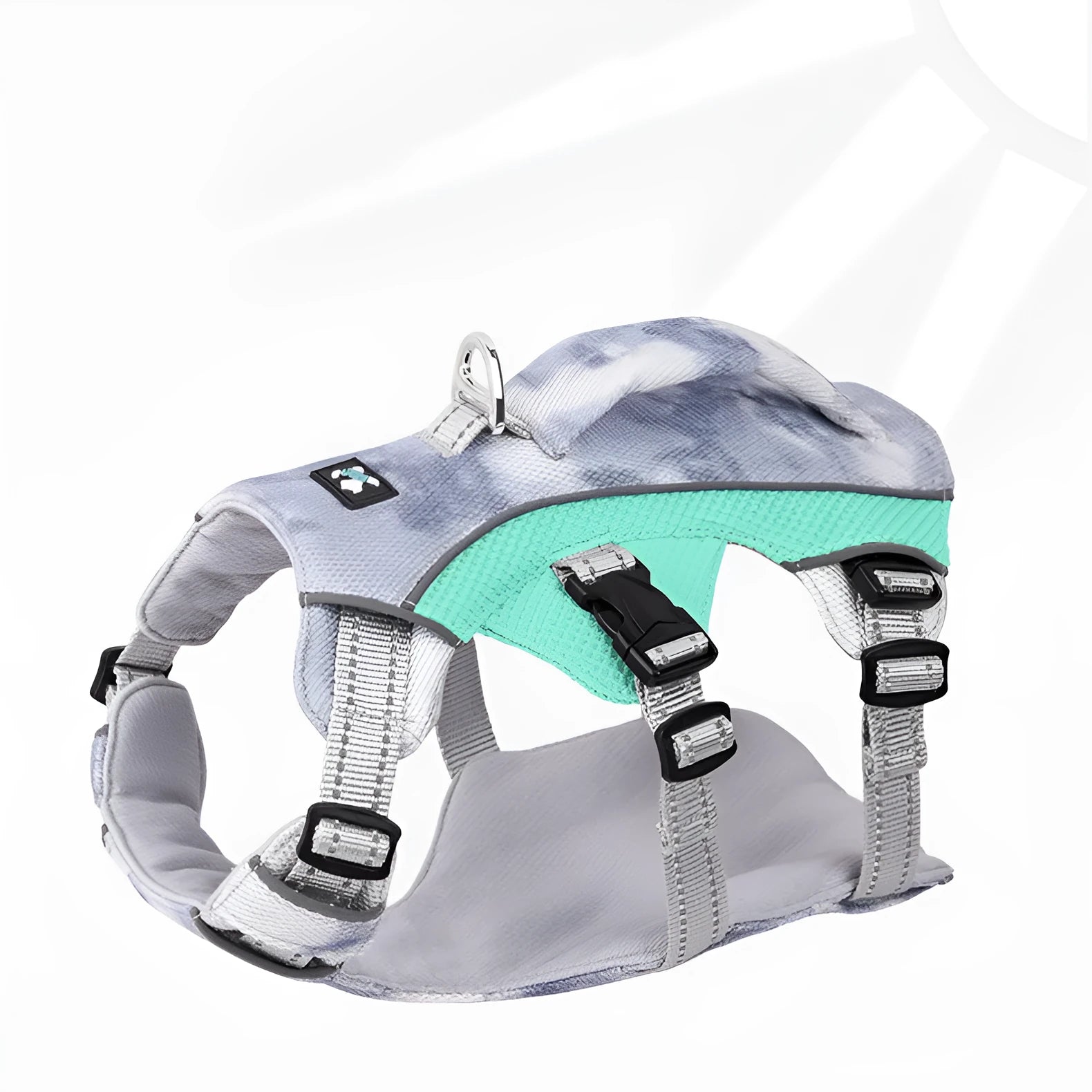 Reflective dog cooling harness chest strap in light blue colour with adjustable fittings