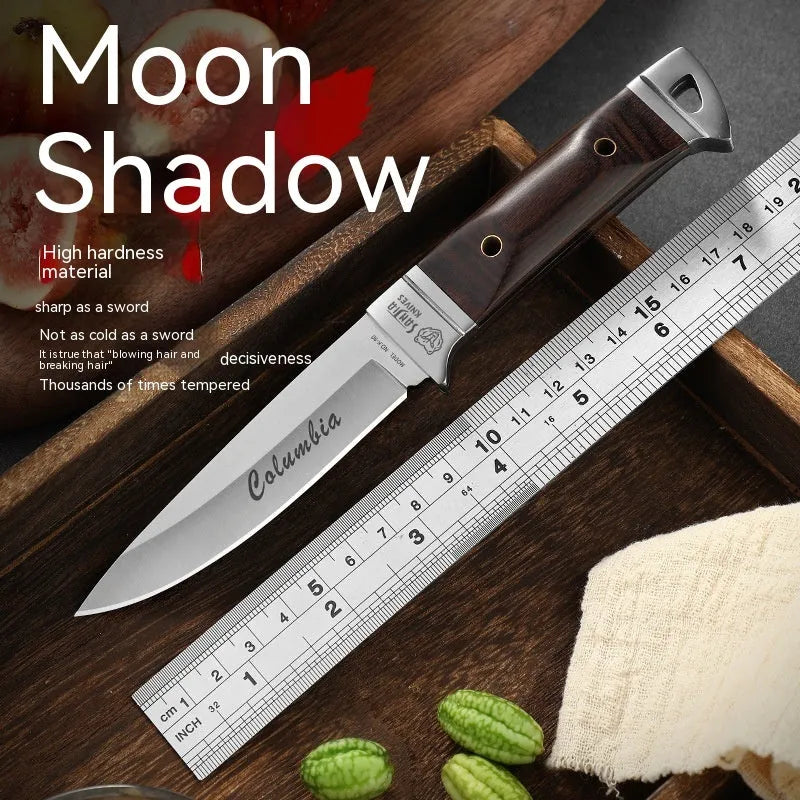 Camping multifunctional fruit knife with stainless steel blade and leather protective case