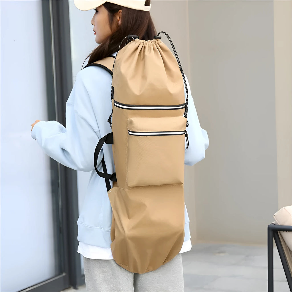 Lightweight waterproof nylon skateboard bag in camouflage colour with skateboard and fishing rod storage