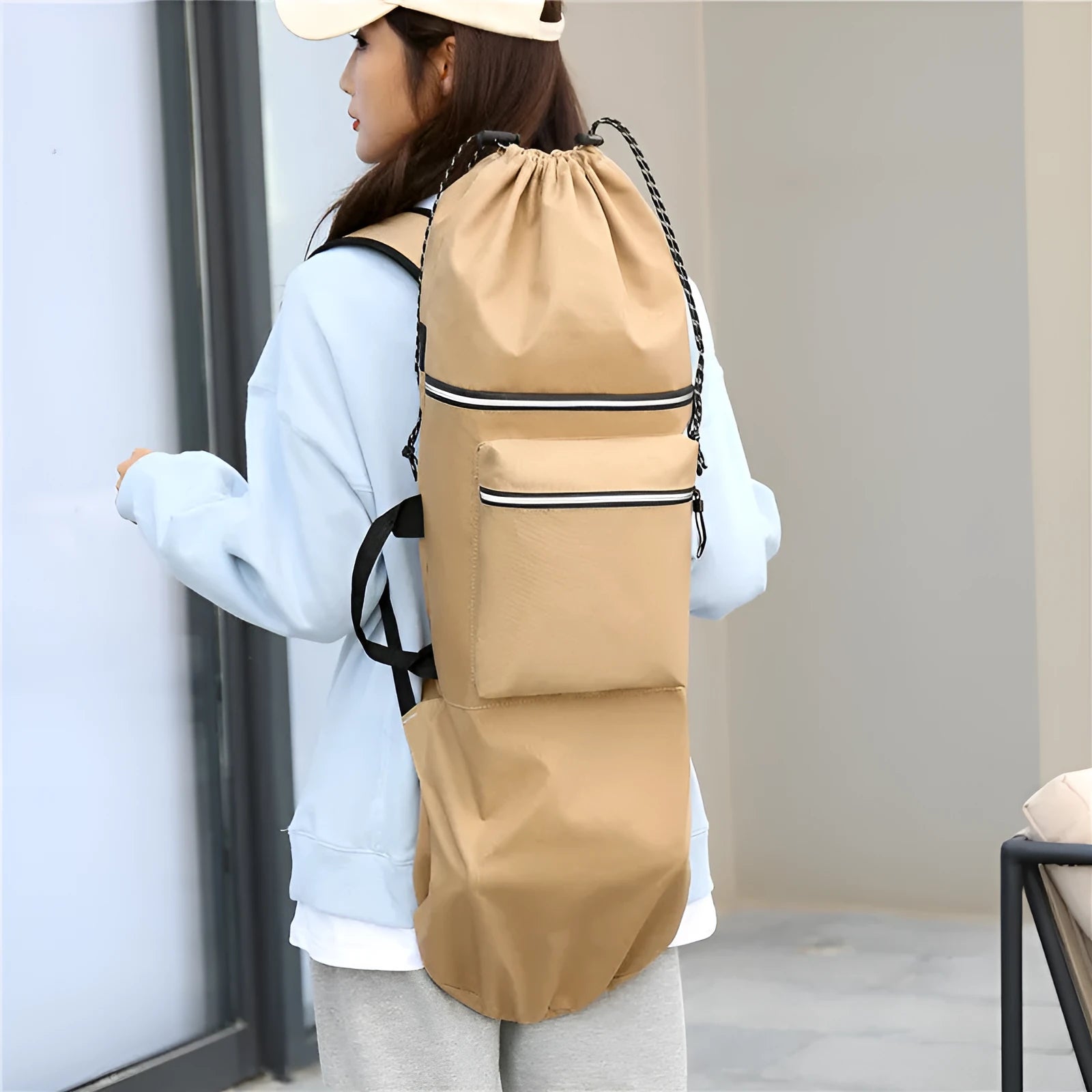 Lightweight waterproof nylon skateboard bag in camouflage colour with skateboard and fishing rod storage