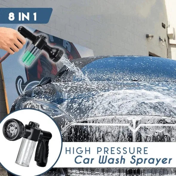 Green high pressure foam spray gun with multiple spray pattern settings and hose connection