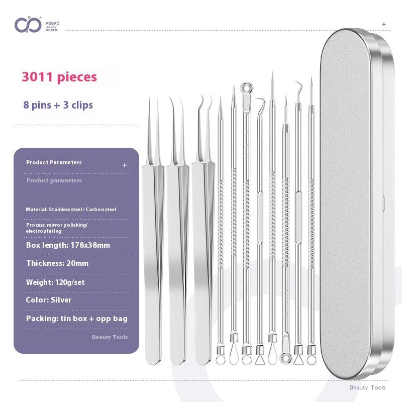 Four silver metal acne needles with ultra-fine pointed tips for skincare treatment.