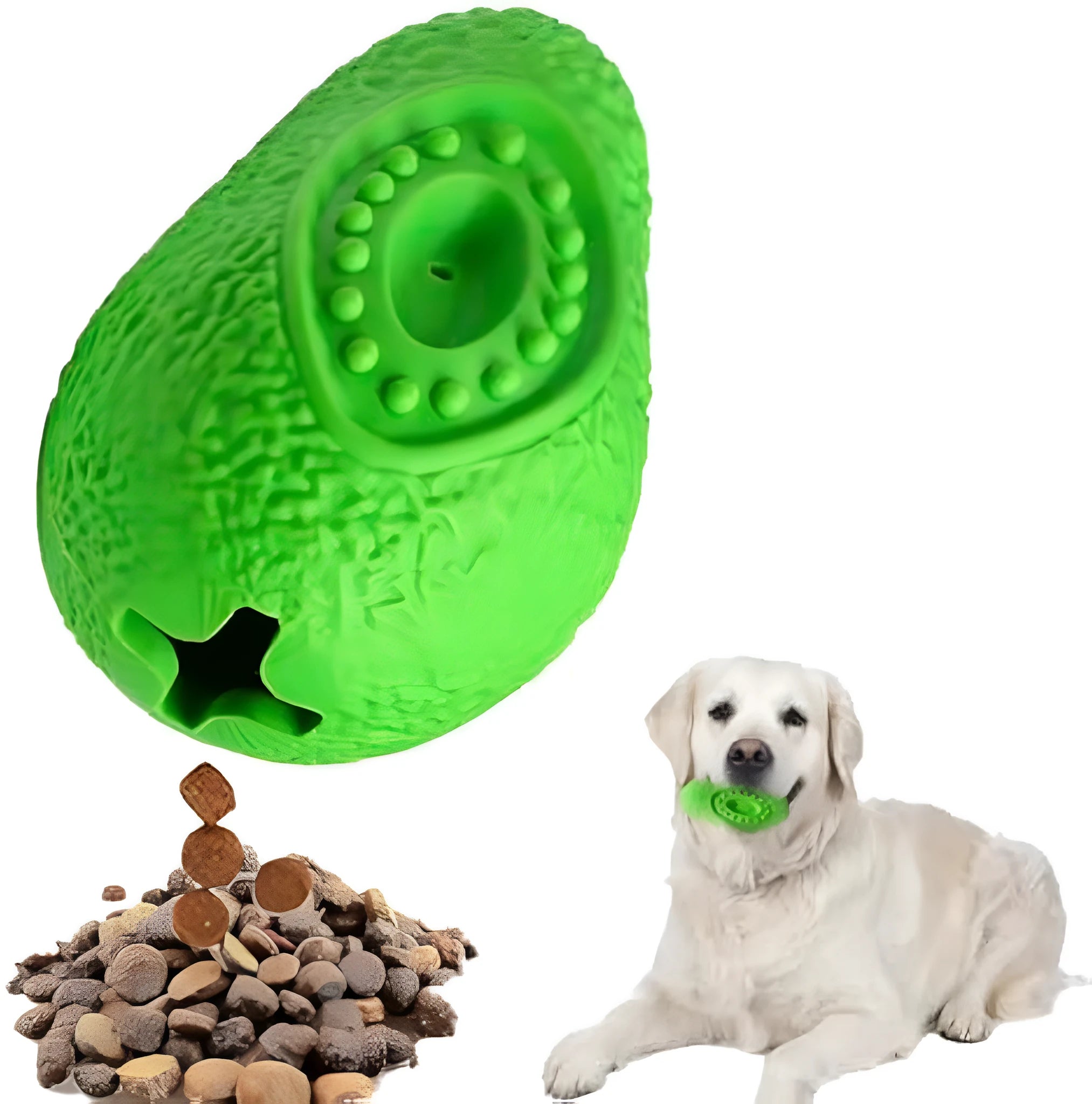 Green natural rubber dog chew toy with textured surface and hollow centre for aggressive chewers