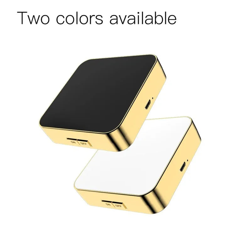 Black and white dual-sided makeup mirror with 4x magnification and HD sides, showing adjustable light settings.