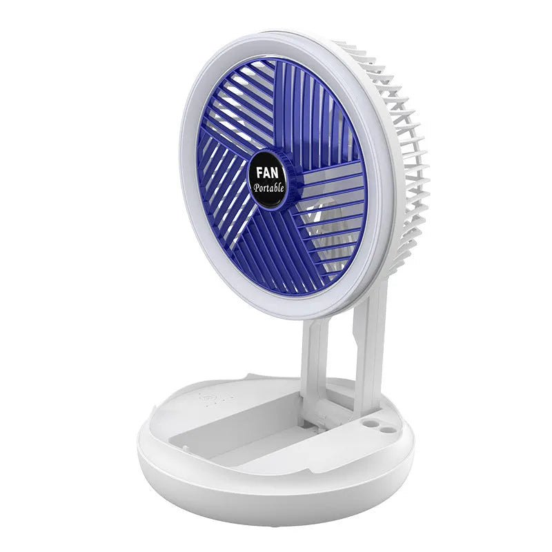 Blue foldable USB desk fan with LED light shown in open position on a table