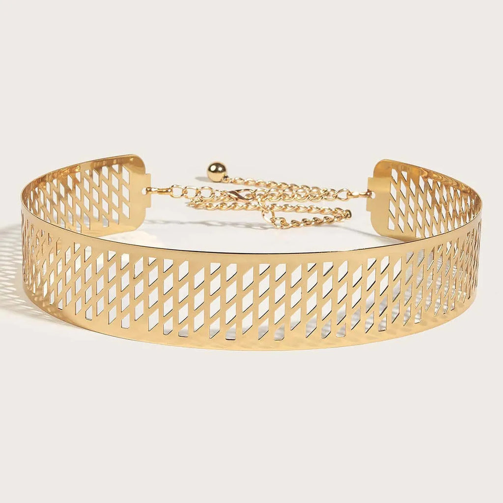 Gold iron waist belt with lantern head design and punching net flower pattern, 4.5cm wide