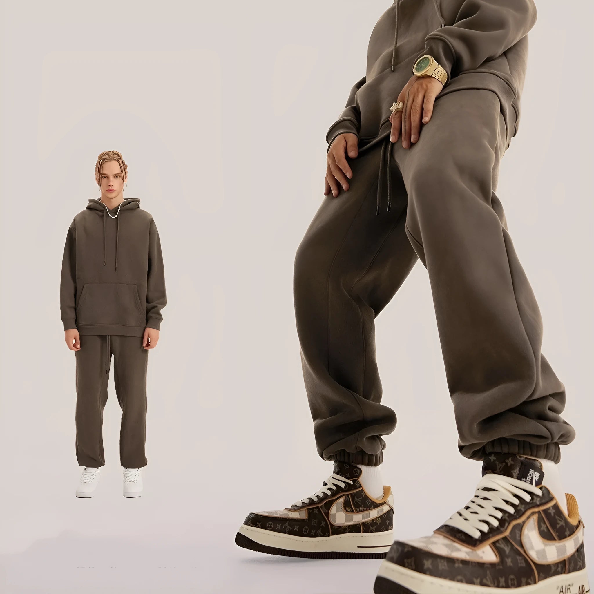 Men's solid colour velvet sweatpants with ankle banding in cotton fabric