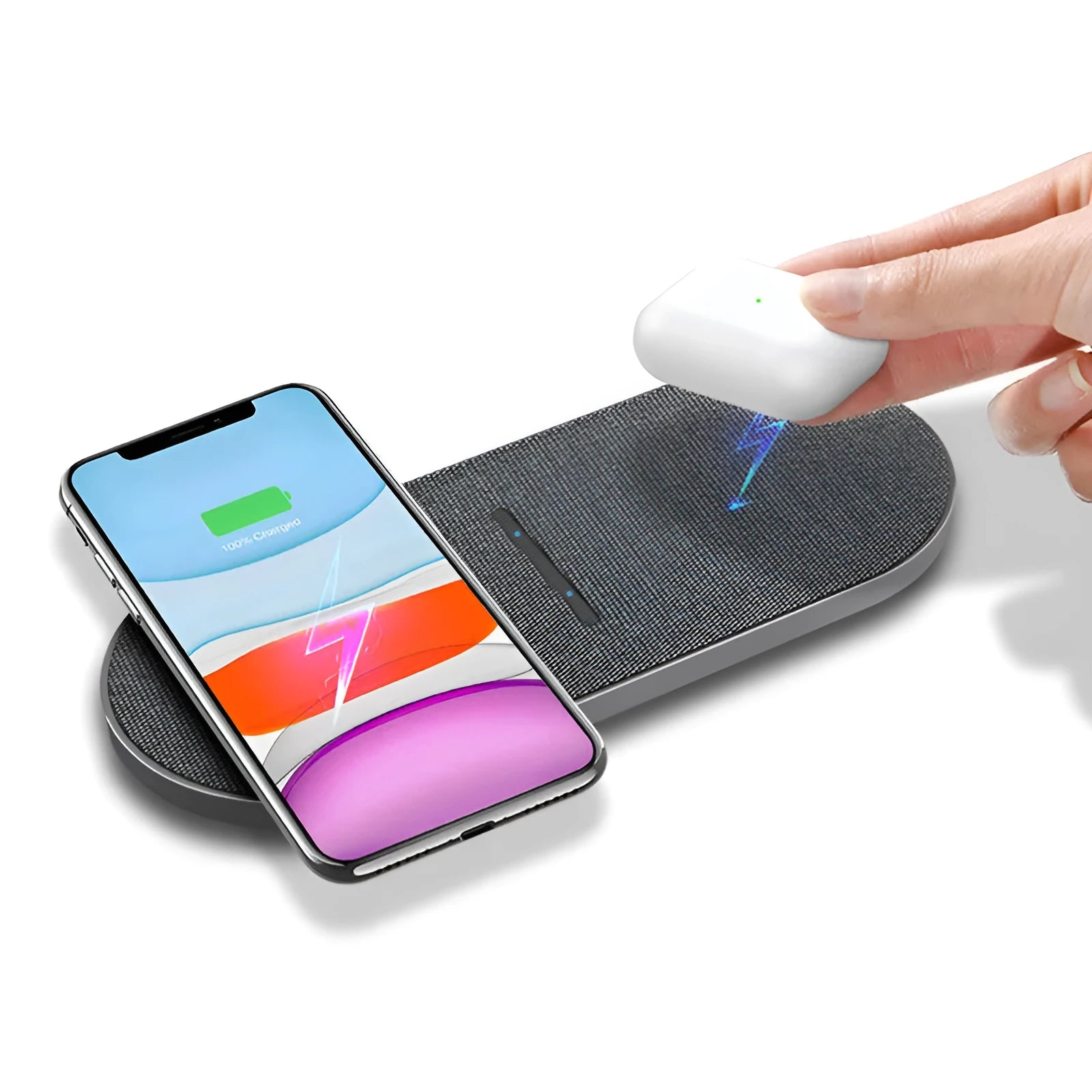Black wireless charger pair with two charging pads for simultaneous phone and earbuds charging