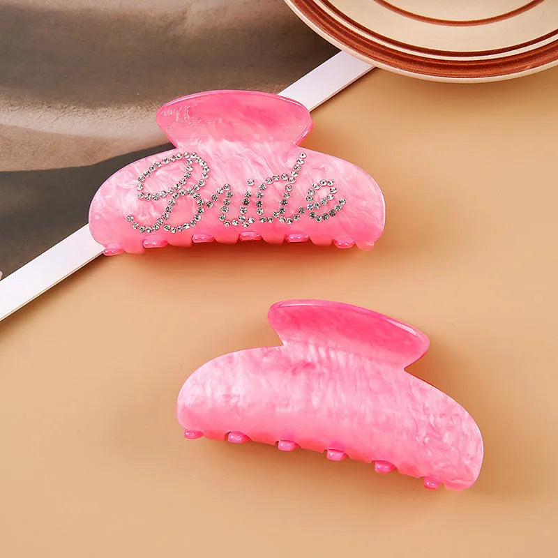 10cm pink and white acrylic hair clip with multi-diamond shower design and double-sided drilling