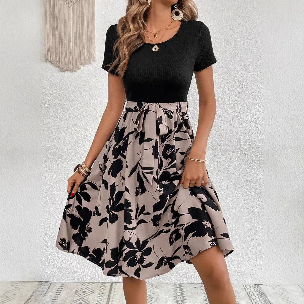Women's khaki A-line dress with plant pattern printing and lace-up shoulder detail