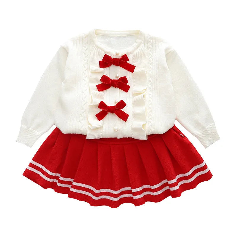 Knitted two-piece baby girl skirt suit with long-sleeve bow top and skirt in red, black or pink, sizes 80cm to 130cm