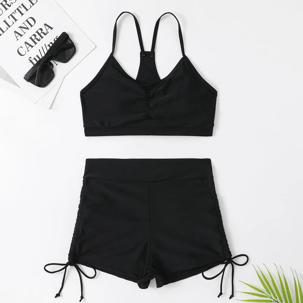 Women's high waist split swimsuit bikini set in violet or black nylon spandex