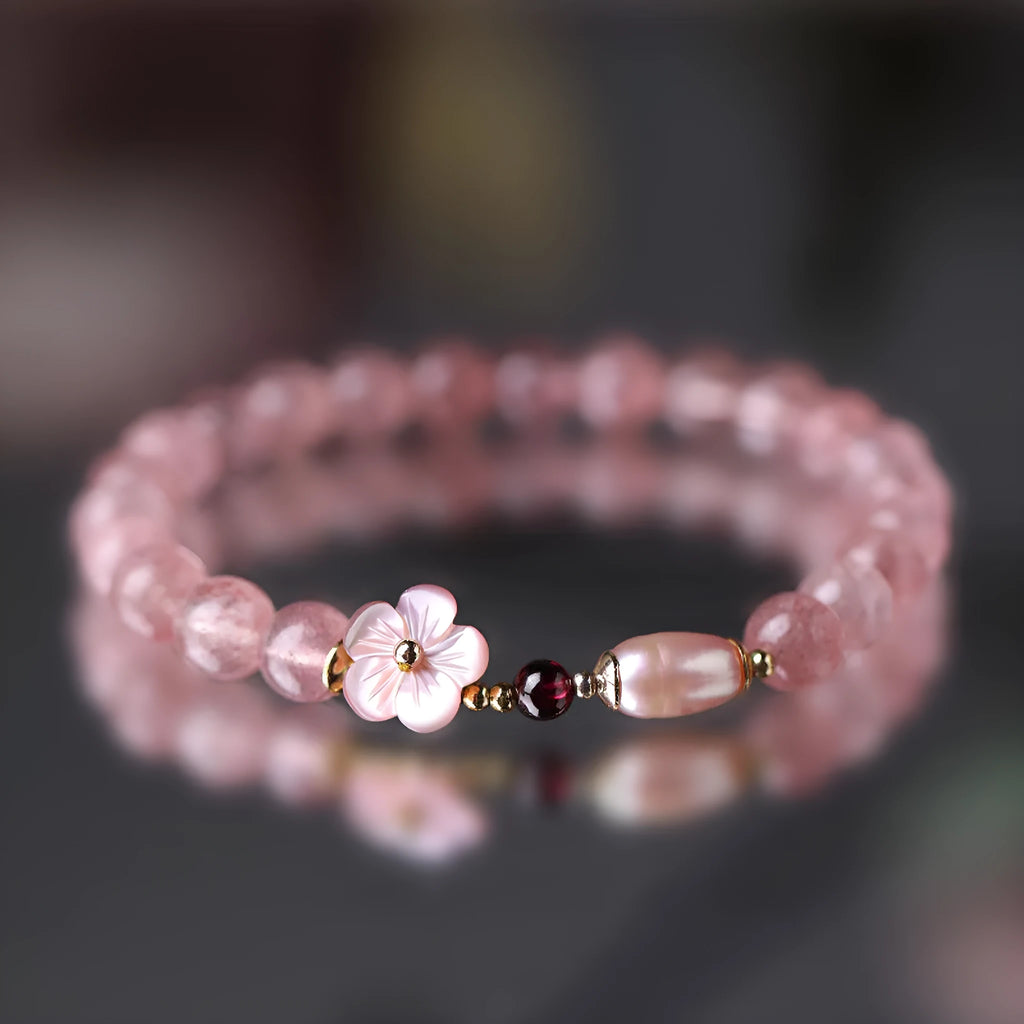 Pink strawberry quartz crystal bracelet with floral design and adjustable clasp for women
