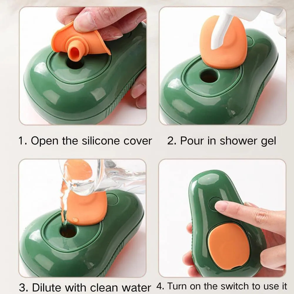 Green and white rechargeable cat steam brush with water spray nozzle and soft silicone teeth.