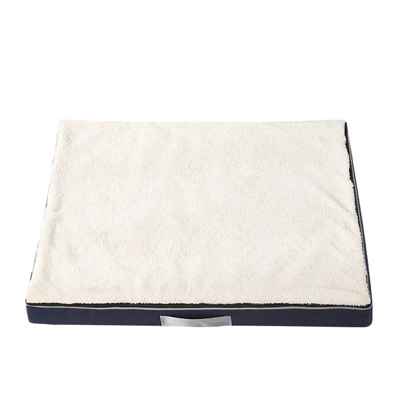 Brown removable washable memory sponge dog mattress pad on a wooden floor.