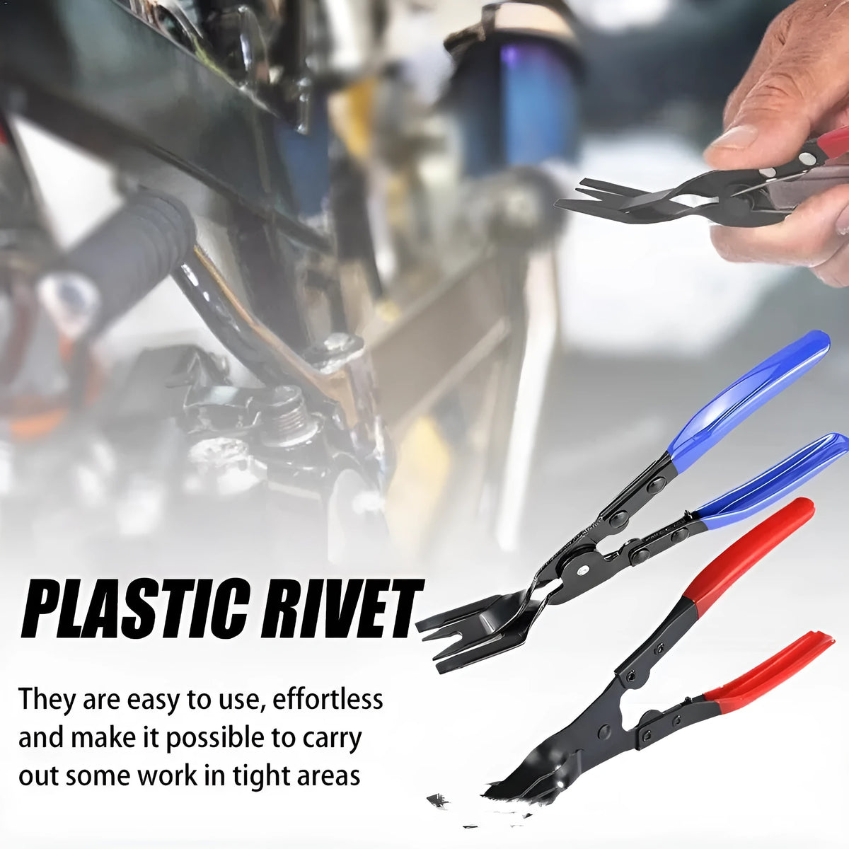 Steel car universal disassembly separator pliers with blue handles for removing interior clamps and door panels.