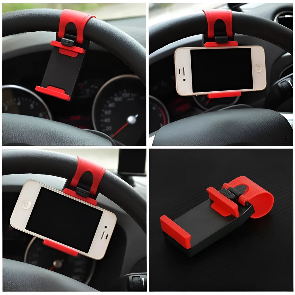 Black car steering wheel clip mount holding mobile phone for hands-free navigation