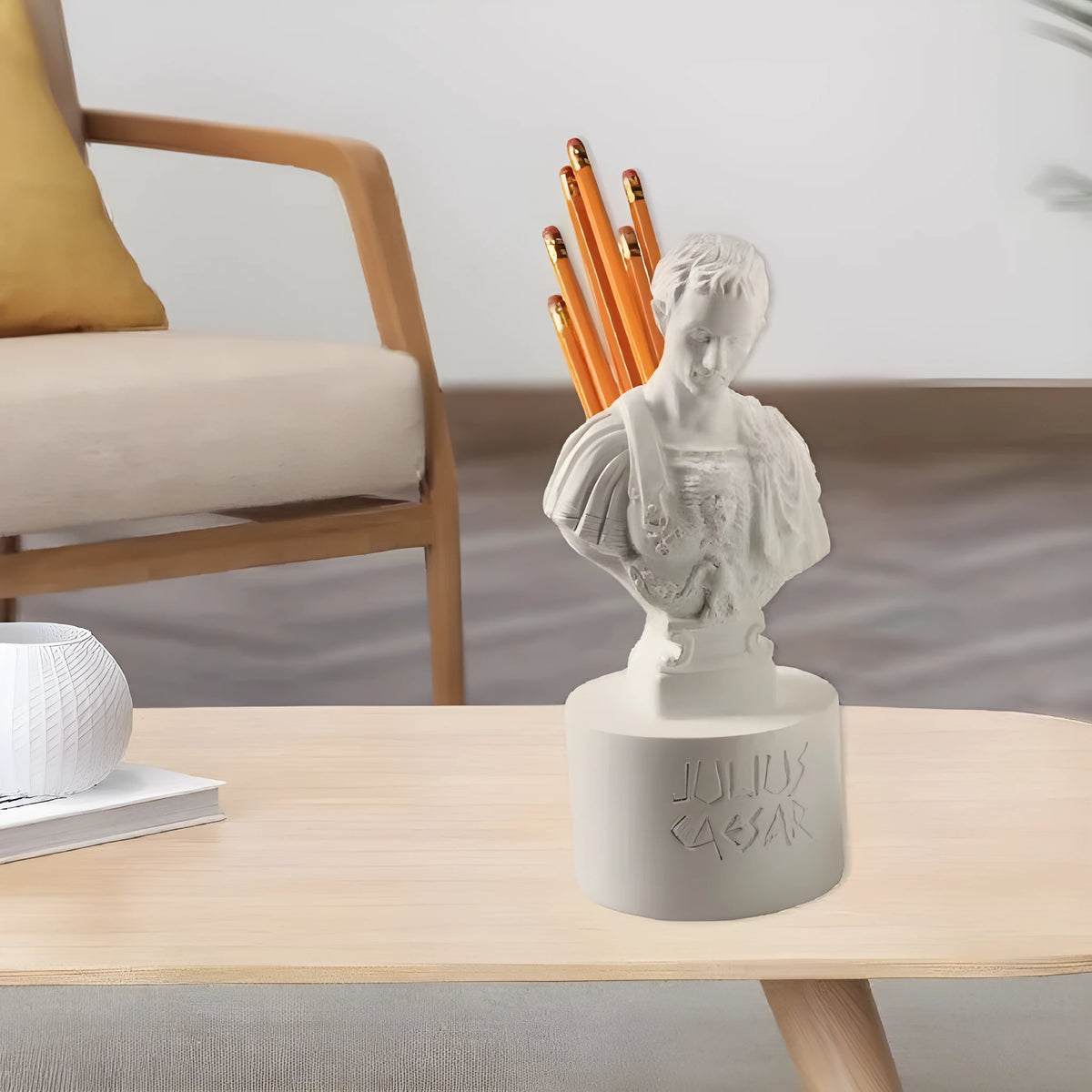 White synthetic resin American character pen holder on a desk.