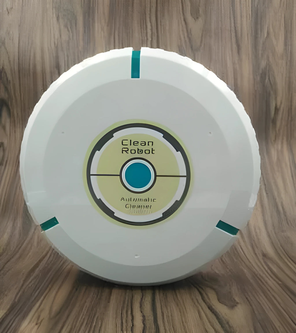 Black and white AC robot vacuum cleaner on wooden floor
