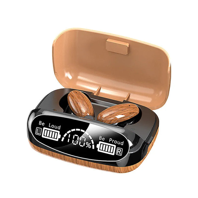 M35 wood grain finish True Wireless Stereo Bluetooth earphones and charging case on a table.