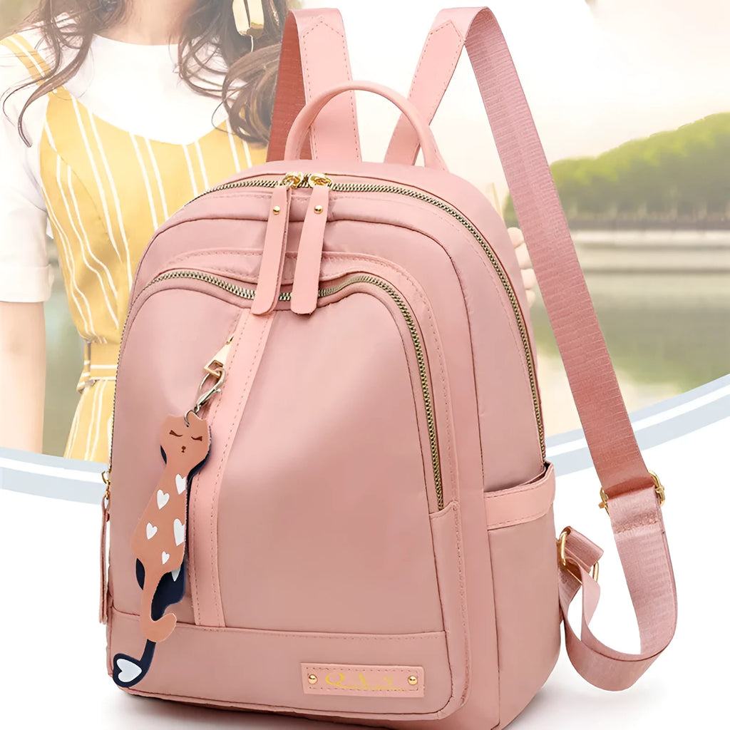 Women's black casual nylon backpack with multiple pockets and soft shoulder straps