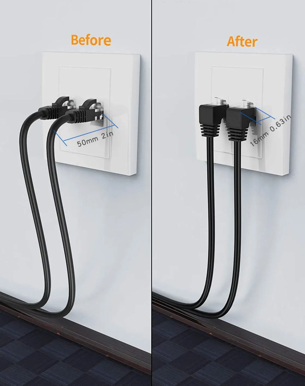 Cat6 Ethernet cable with right-angle metal RJ45 connector in black, shown alongside length and colour options.