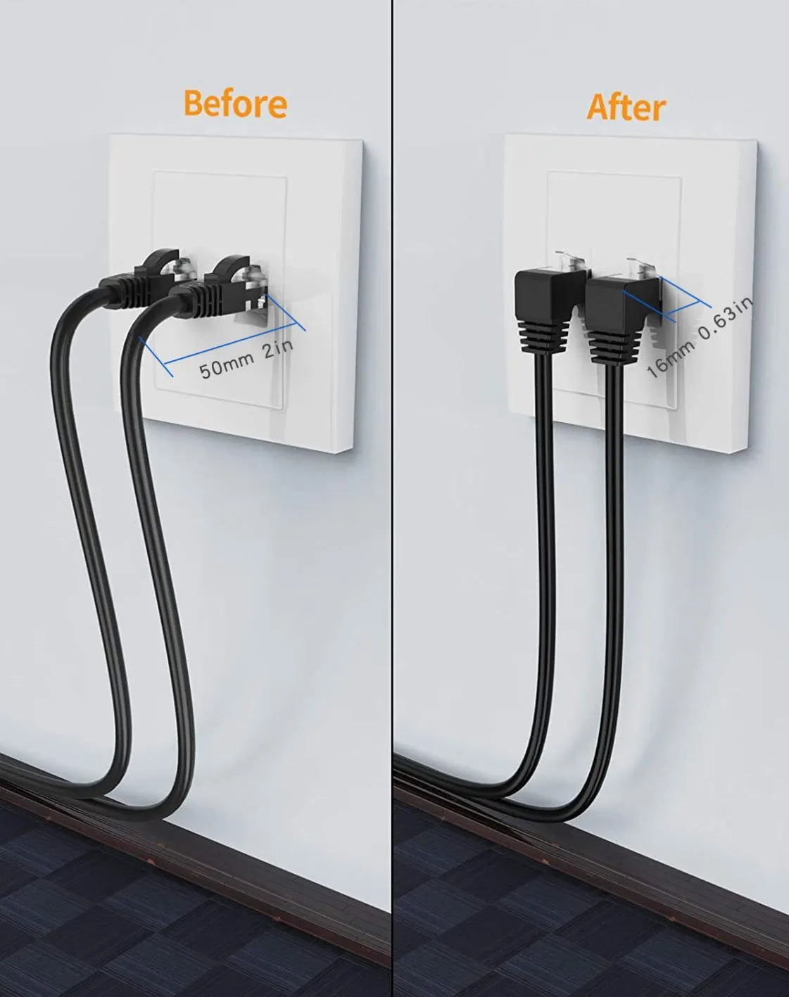 Cat6 Ethernet cable with right-angle metal RJ45 connector in black, shown alongside length and colour options.