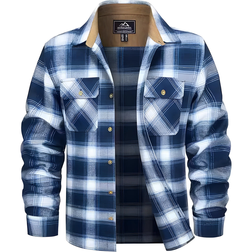 Men's winter flannel casual button-up shirt with plaid pattern in polyester fabric