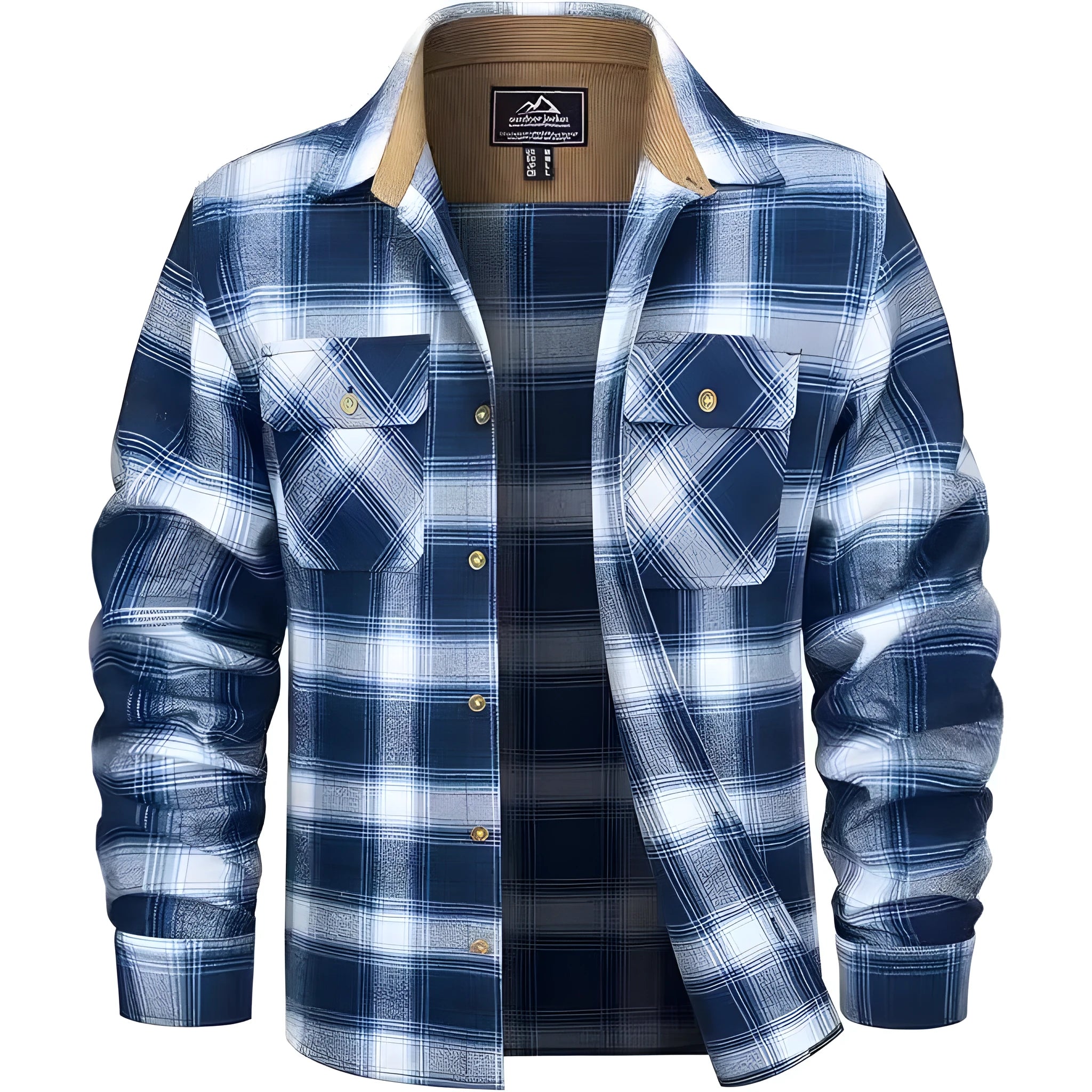 Men's winter flannel casual button-up shirt with plaid pattern in polyester fabric