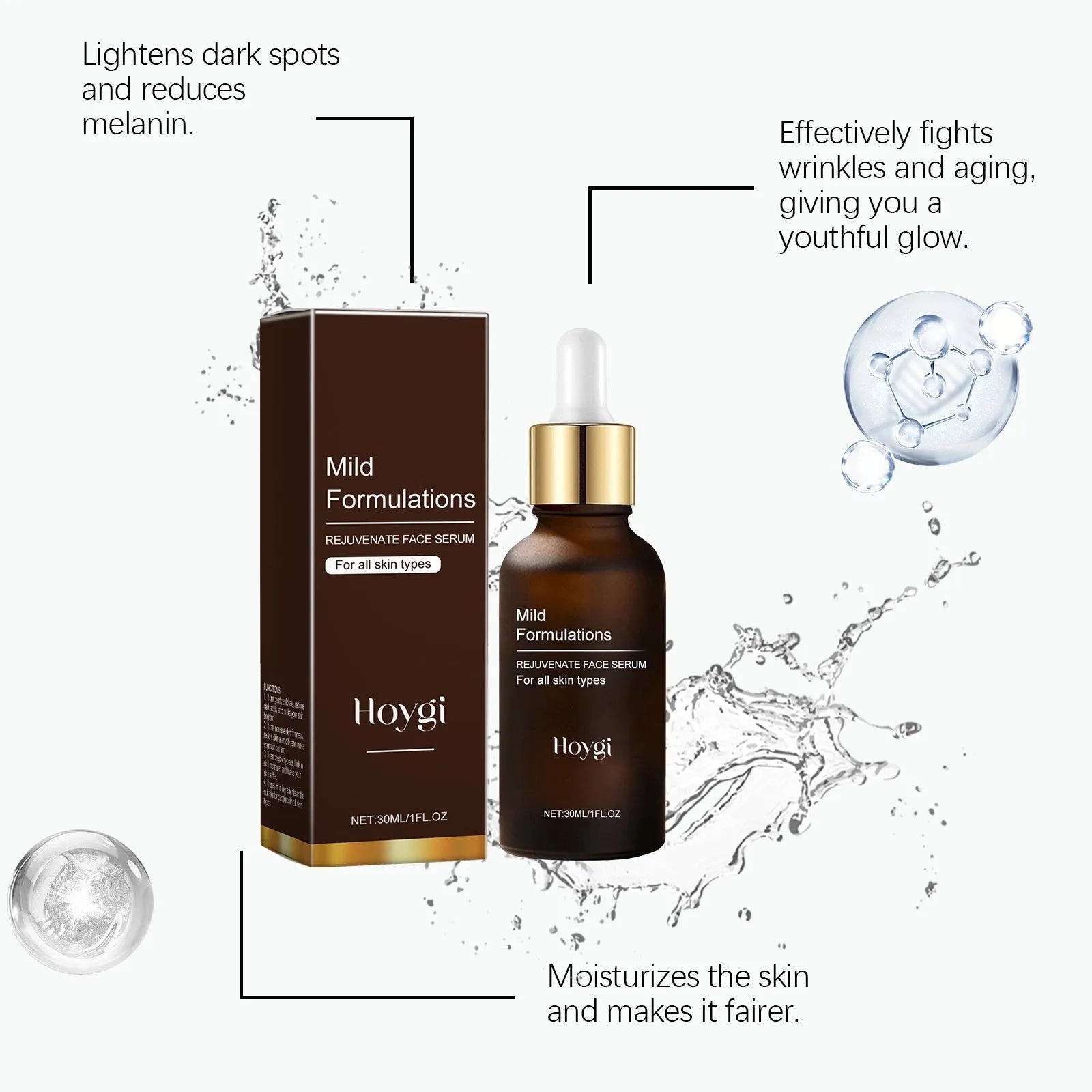 30ml bottle of facial skin care essence with arbutin, collagen, vitamin C, and hyaluronic acid.