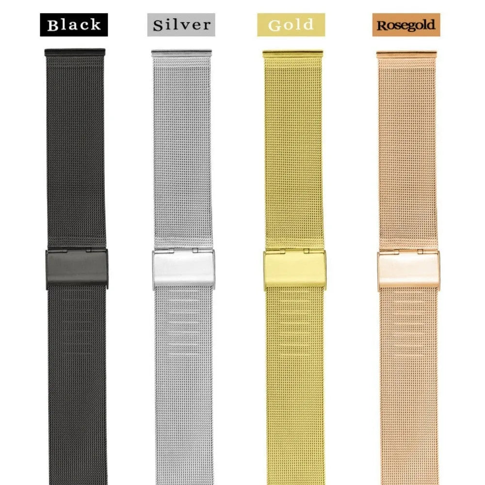 Milani silk woven stainless steel watch band in silver, shown detached, displaying its metallic buckle and woven texture.