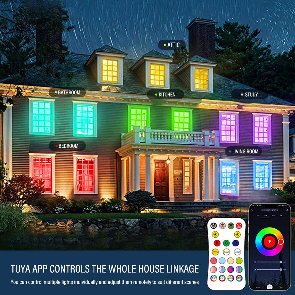 Circular black intelligent ceiling lamp with RGBCW LEDs, showing colour change and dimming via mobile APP.